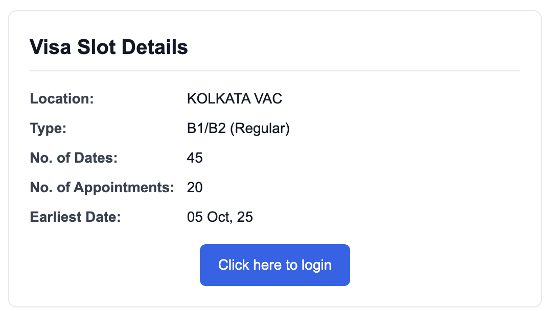 A visa slot alert email showing the consulate, visa type, number of available dates and the earliest appointment date, with a direct booking link